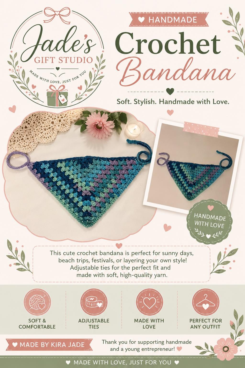 Handmade Crochet Bandana: Granny Stitch, Adjustable Ties, Soft Yarn Accessory